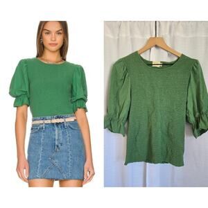 Nation LTD Revolve Womens Large Bardot‎ Gathered Sleeve Top Fern Green Smocked